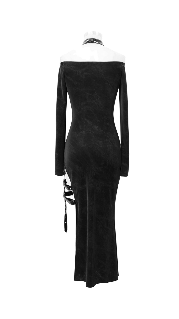 Elegant Women's High Slit Long Dress with Leather Straps / Gothic Style Off-Shoulder Dress - image 6
