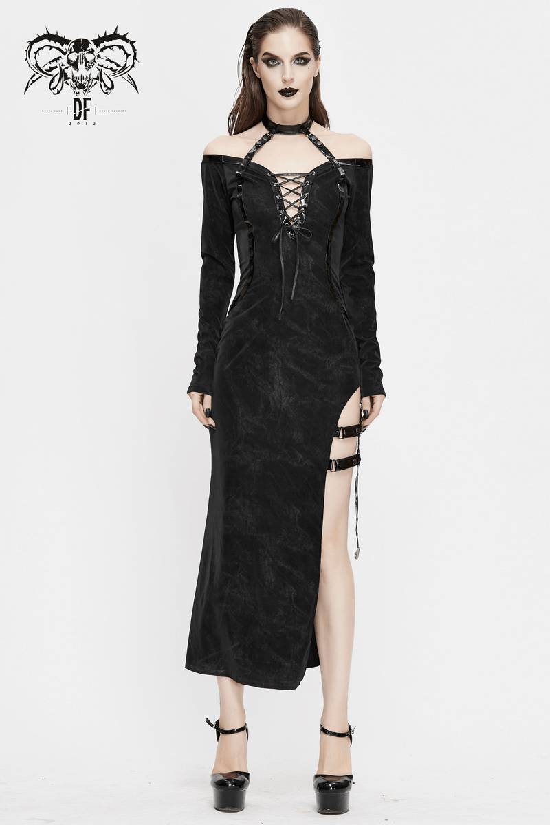 Elegant Women's High Slit Long Dress with Leather Straps / Gothic Style Off-Shoulder Dress - image 17