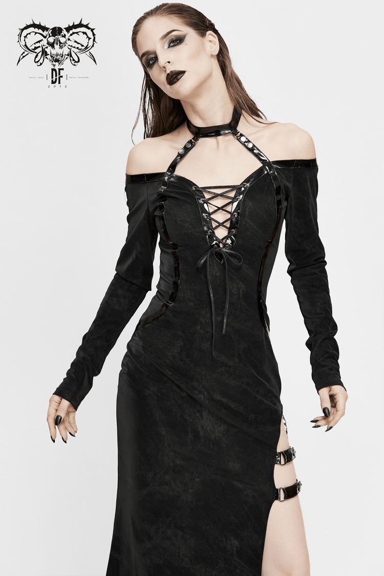 Elegant Women's High Slit Long Dress with Leather Straps / Gothic Style Off-Shoulder Dress - image 13