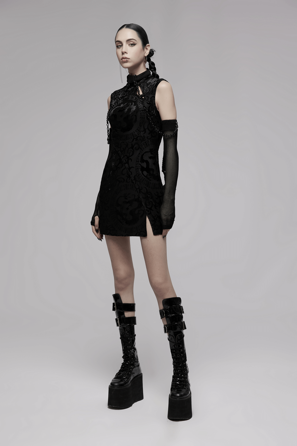 Embroidered Dragon A-Line Dress in Stretch Velvet - image 13