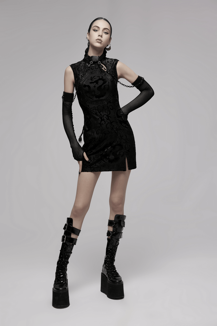 Embroidered Dragon A-Line Dress in Stretch Velvet - image 15