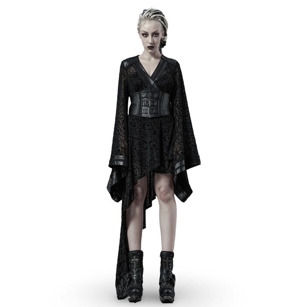 Embroidered Flocking Net Gothic Kimono Dress with Detachable Belt - image 1
