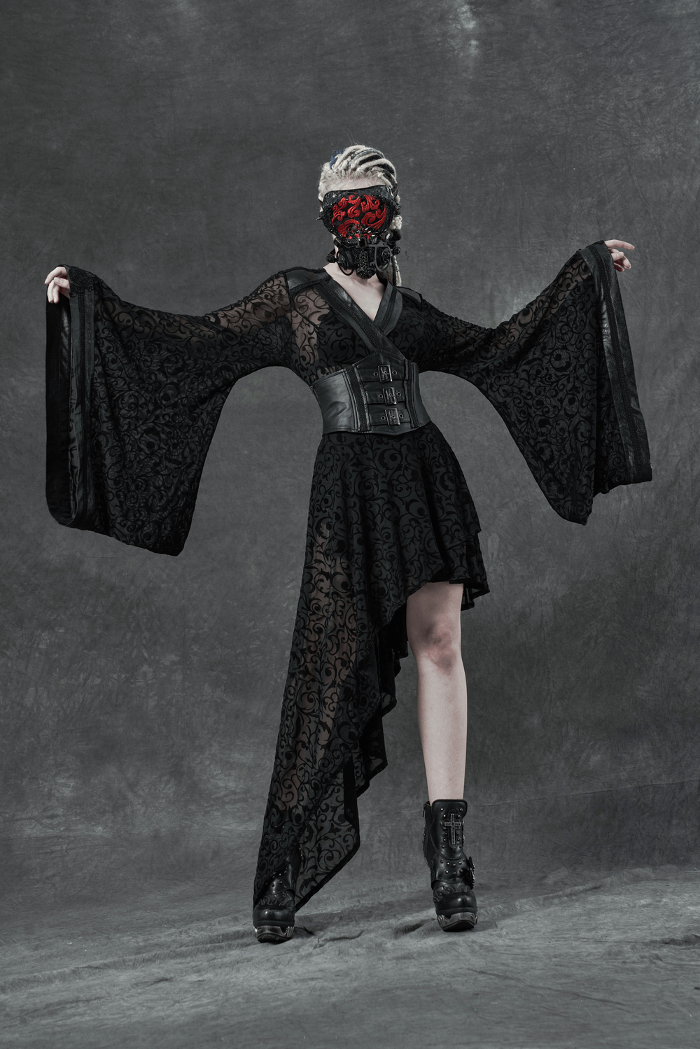 Embroidered Flocking Net Gothic Kimono Dress with Detachable Belt - image 11