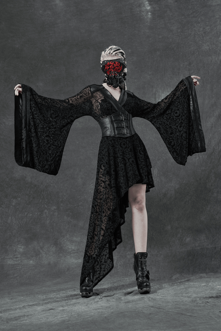 Embroidered Flocking Net Gothic Kimono Dress with Detachable Belt - image 11