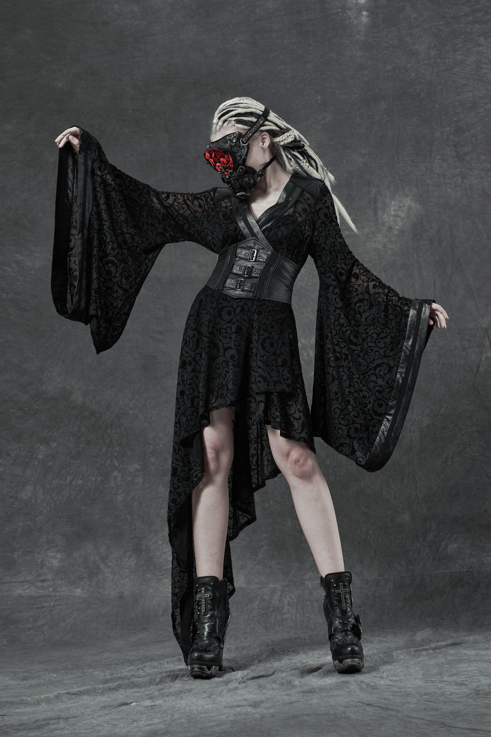 Embroidered Flocking Net Gothic Kimono Dress with Detachable Belt - image 8