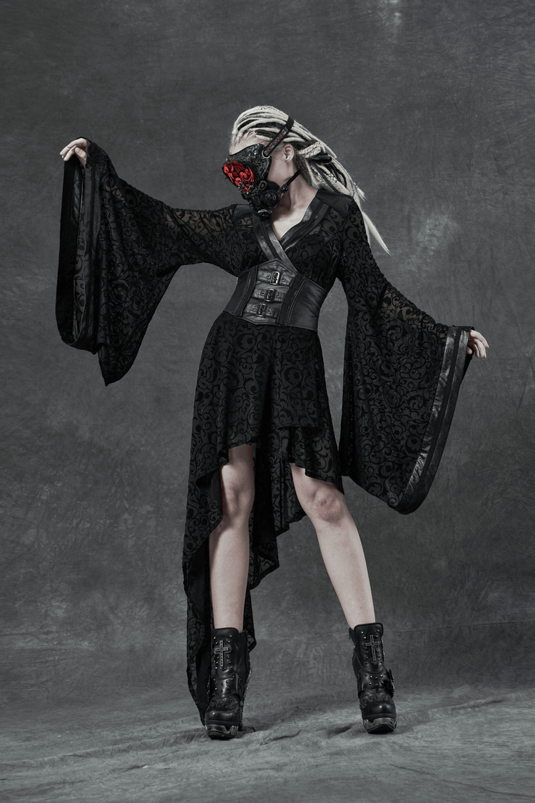 Embroidered Flocking Net Gothic Kimono Dress with Detachable Belt - image 8