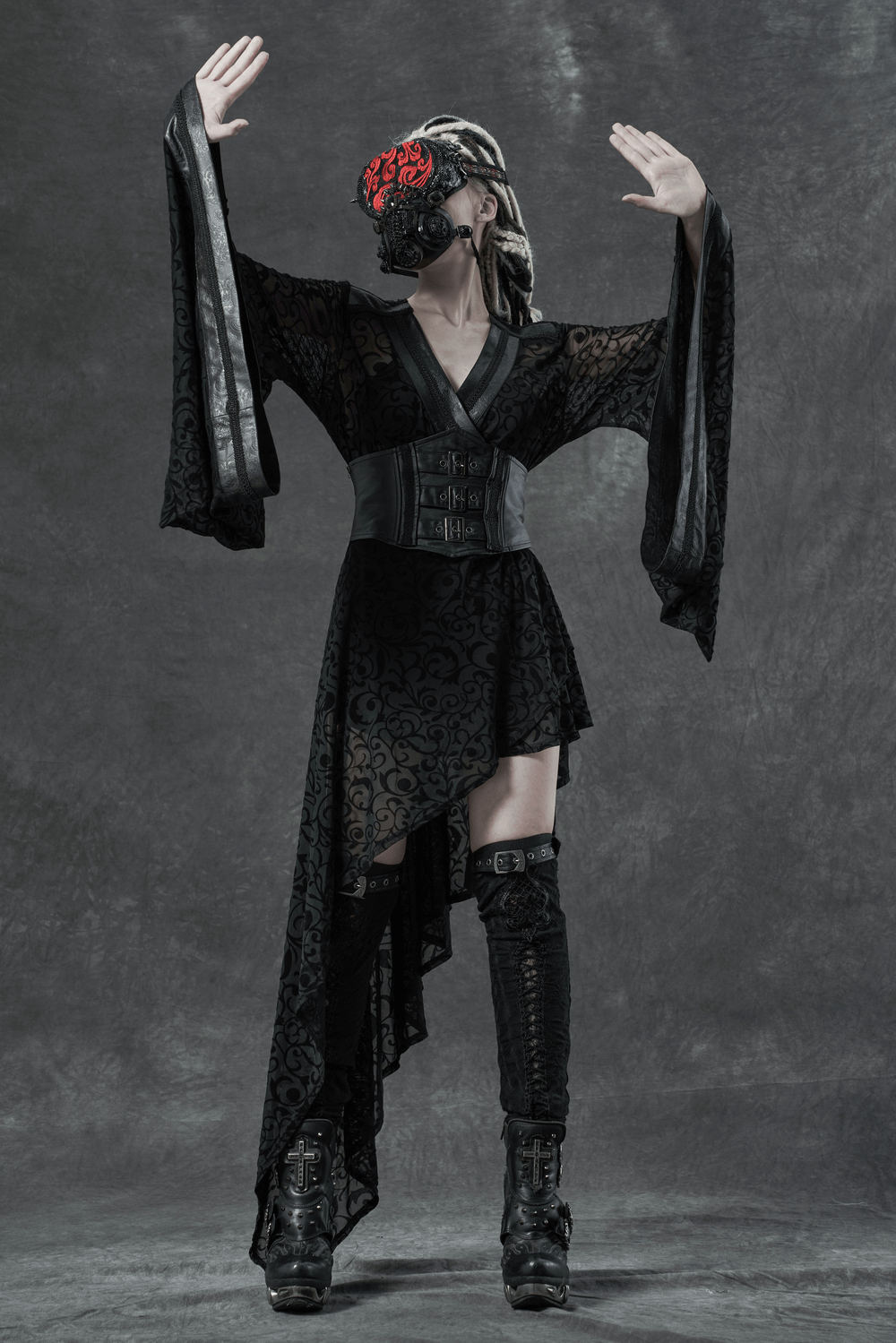 Embroidered Flocking Net Gothic Kimono Dress with Detachable Belt - image 9