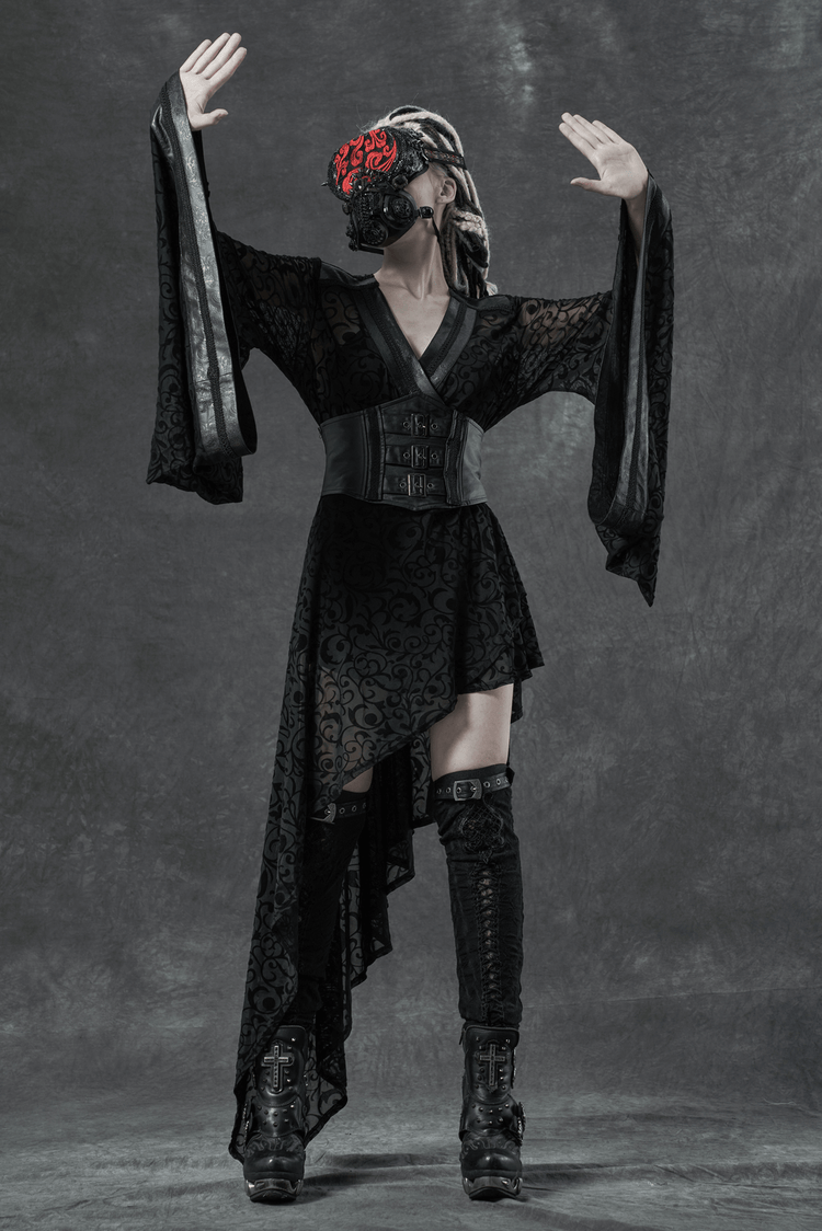 Embroidered Flocking Net Gothic Kimono Dress with Detachable Belt - image 9
