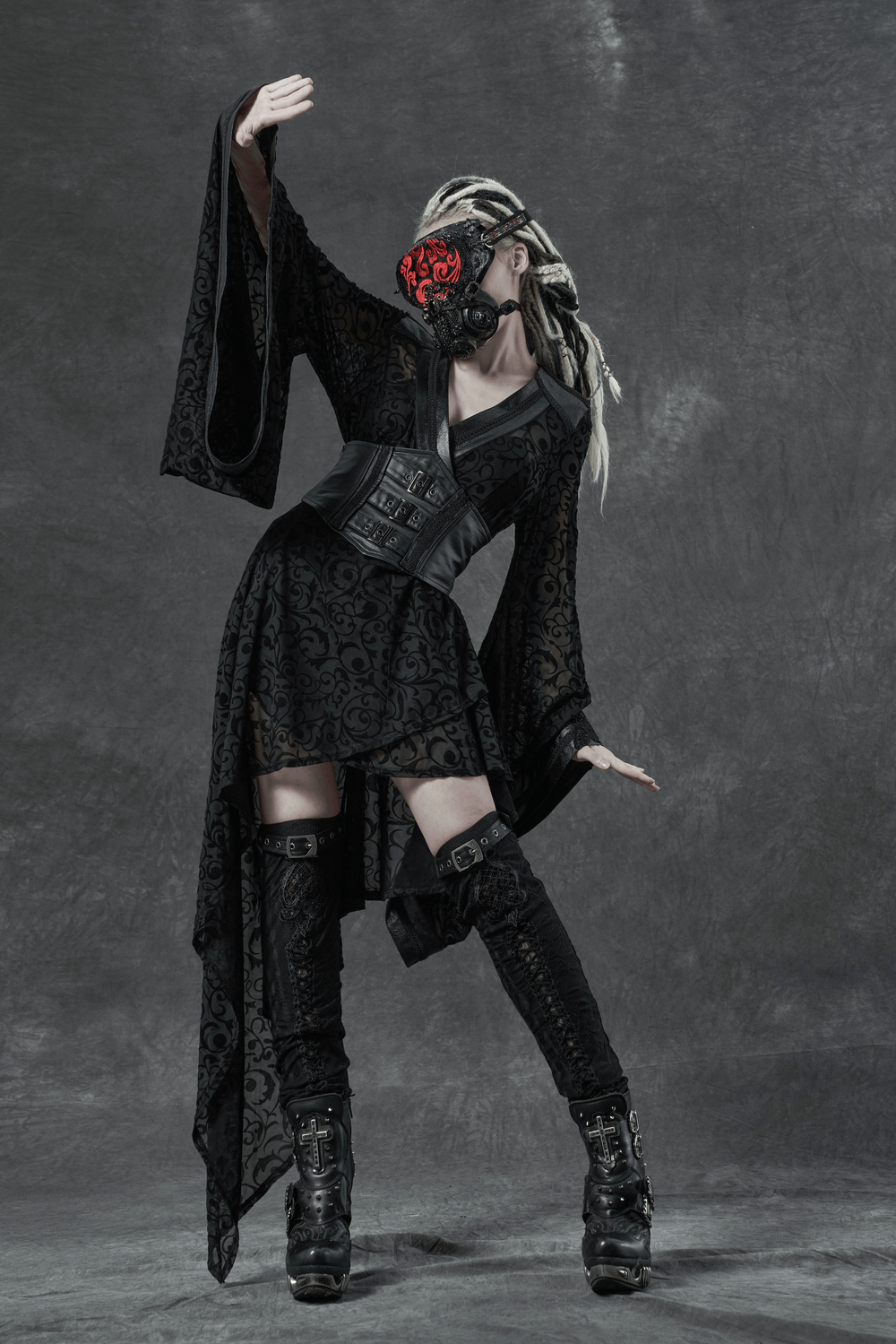Embroidered Flocking Net Gothic Kimono Dress with Detachable Belt - image 10