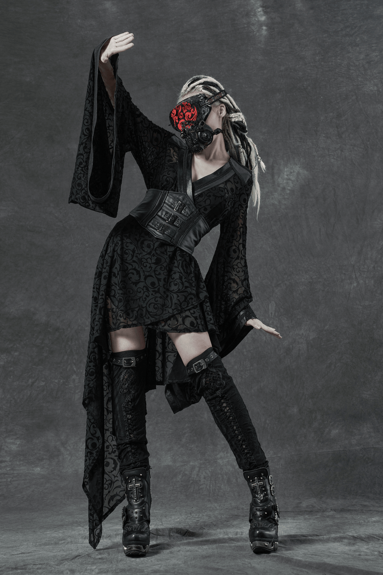 Embroidered Flocking Net Gothic Kimono Dress with Detachable Belt - image 10