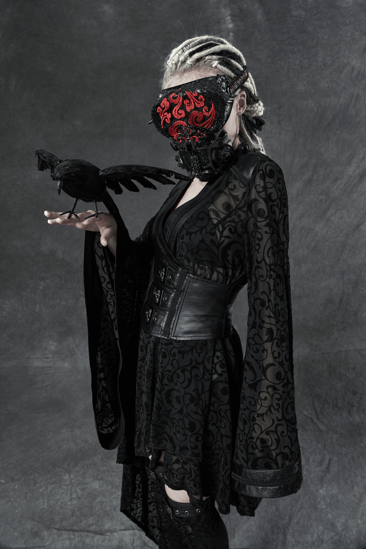 Embroidered Flocking Net Gothic Kimono Dress with Detachable Belt - image 7