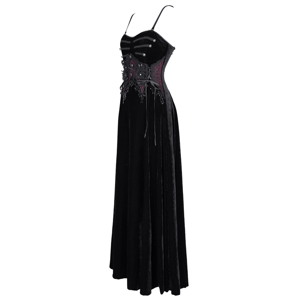 Enchanting Velvet Maxi Dress with Beaded Lace Appliques - image 4