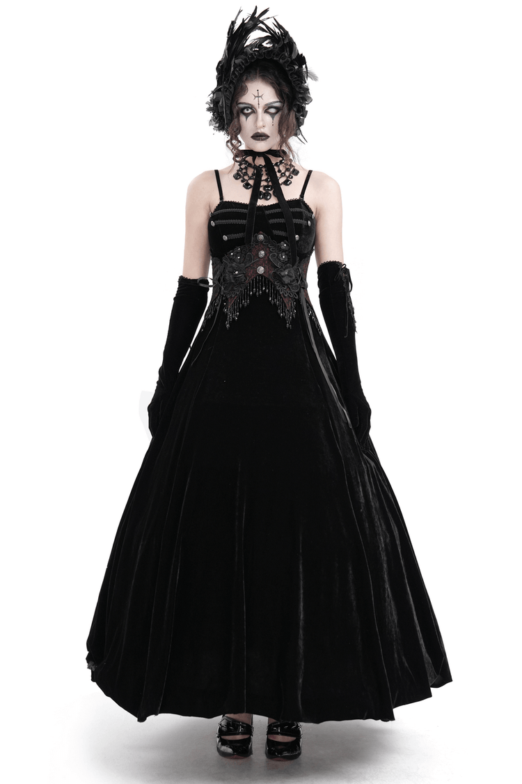 Enchanting Velvet Maxi Dress with Beaded Lace Appliques - image 1