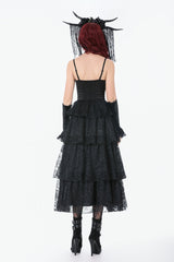 Black Sleeveless Multi-Layered Lace Ruched Women's Gothic Slip Maxi Dress Wedding Dress - Product - 4