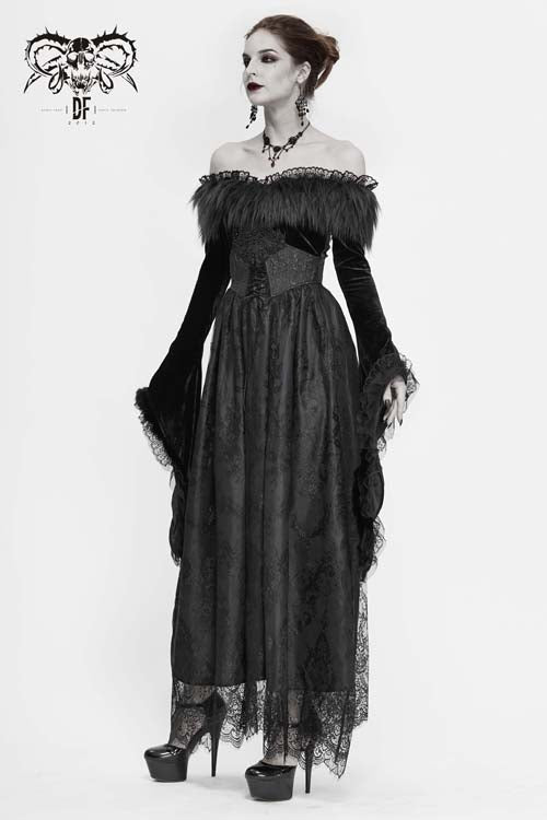 Black Sexy Off Shoulder Lace Pleated Womens Formal Gothic Long Dress With Fur Collar - Product - 3