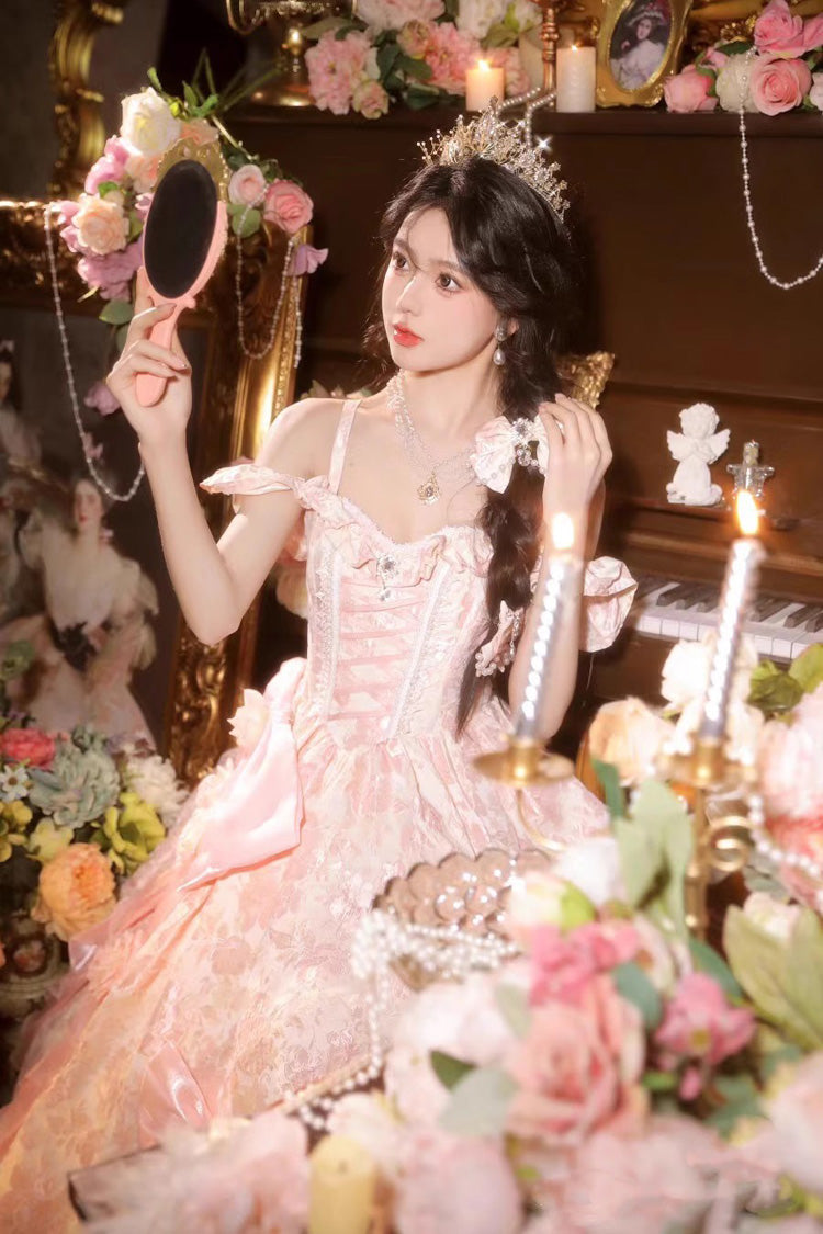 Off Shoulder Print Hanayome Embroidery Bowknot Sweet Princess Lolita Dress 2 Colors - Product - 7