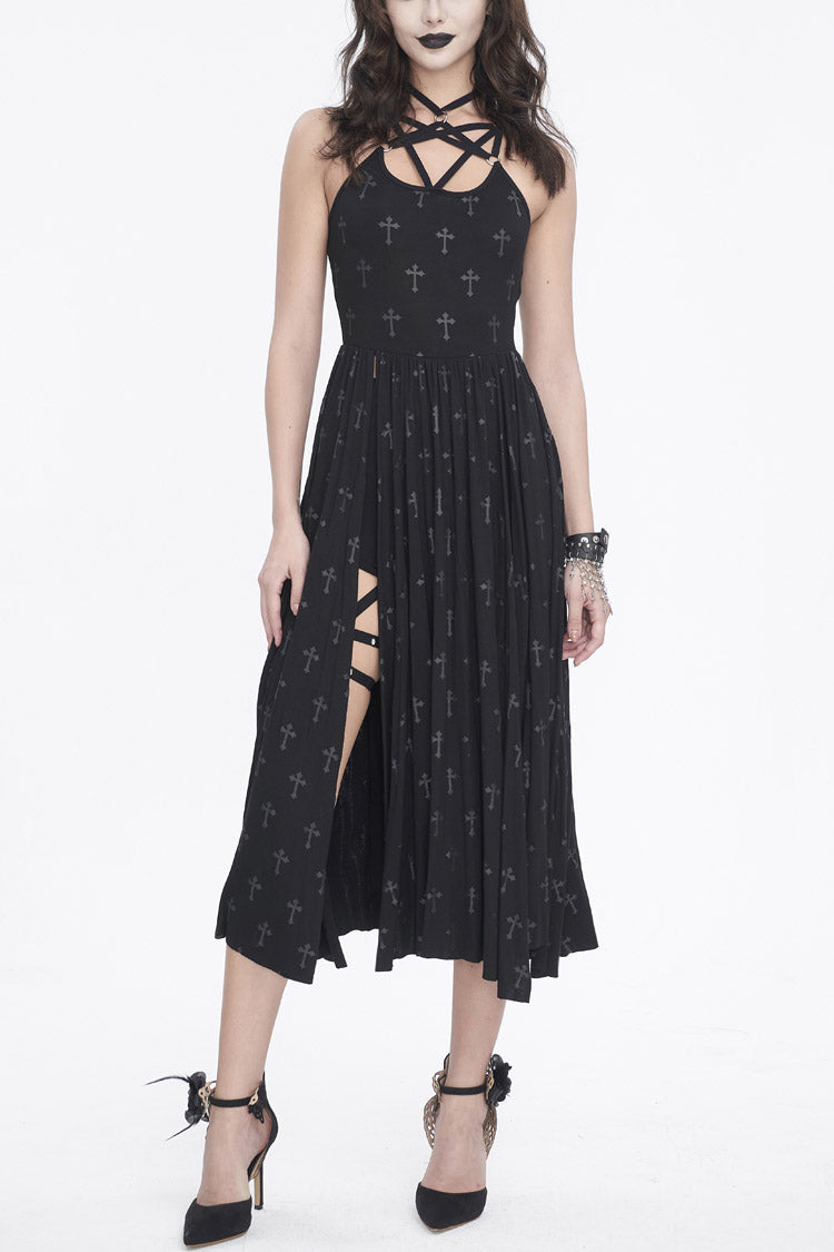 Black Print Strappy Split Womens Gothic Dress - Black - 1
