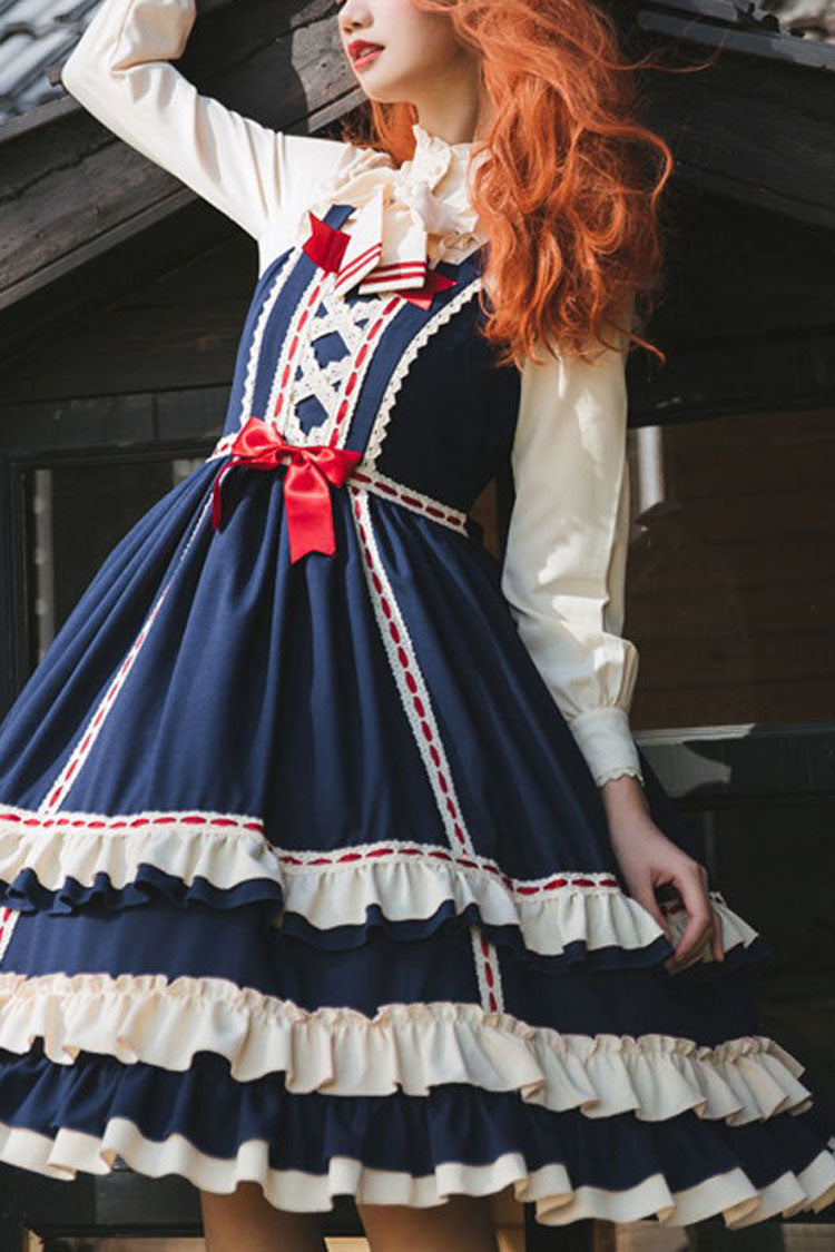 Court Style High Waisted Bowknot Ruffled Multi-Layer Classic Lolita Jsk Dress - blue - 4