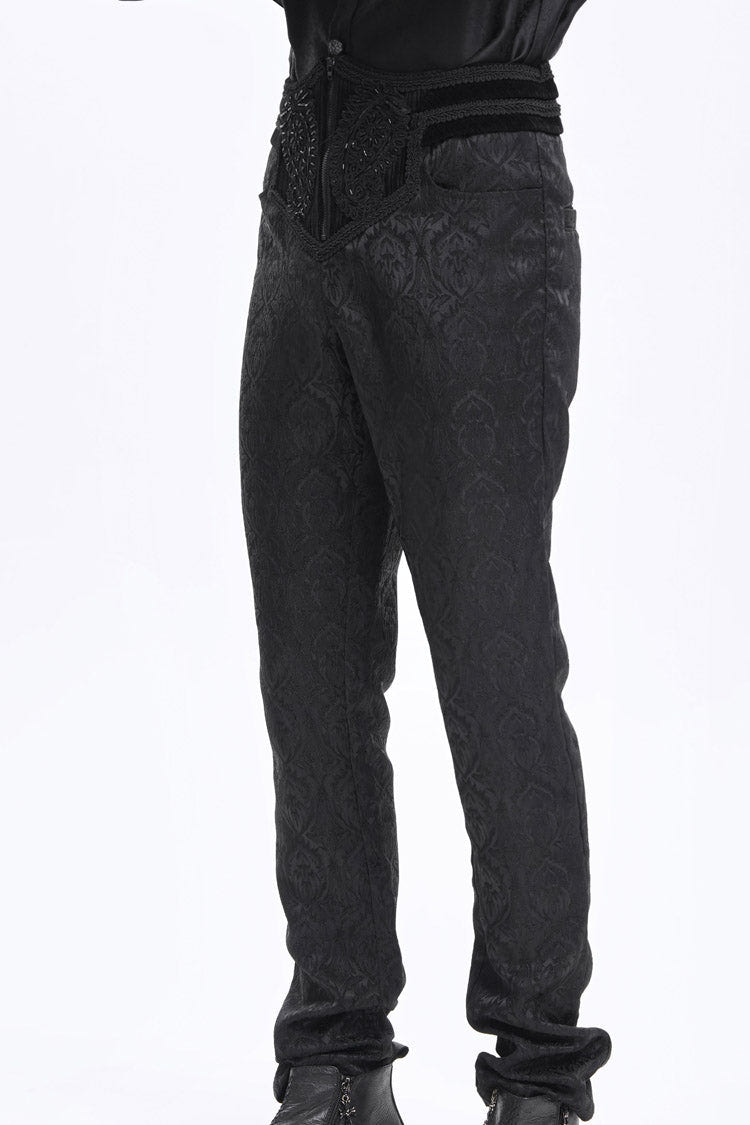 Black Floral Print Embroidery Branded Zip Men's Gothic Pants - Product - 6