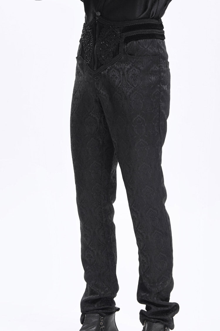 Black Floral Print Embroidery Branded Zip Men's Gothic Pants - Product - 6
