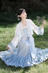 White/Blue [Moon-Reflecting Bell] Long Sleeves High Waisted Printed Women's Classic Hanfu Set - Product - 7