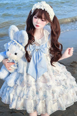 [Ocean Sweetheart] Halterneck Sleeveless Triple-Layered Printed Ruffled Bow Lace Sweet Lolita Strap Dress 5 Colors - White - 4