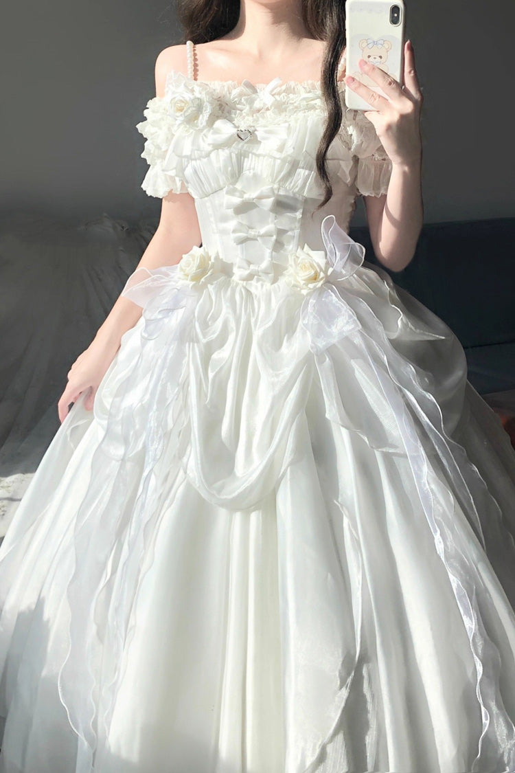 White [Cindy Rose] Halterneck Sleeveless Ruffle Bowknot Sweet Elegant Lolita Jsk Dress - Product - 3