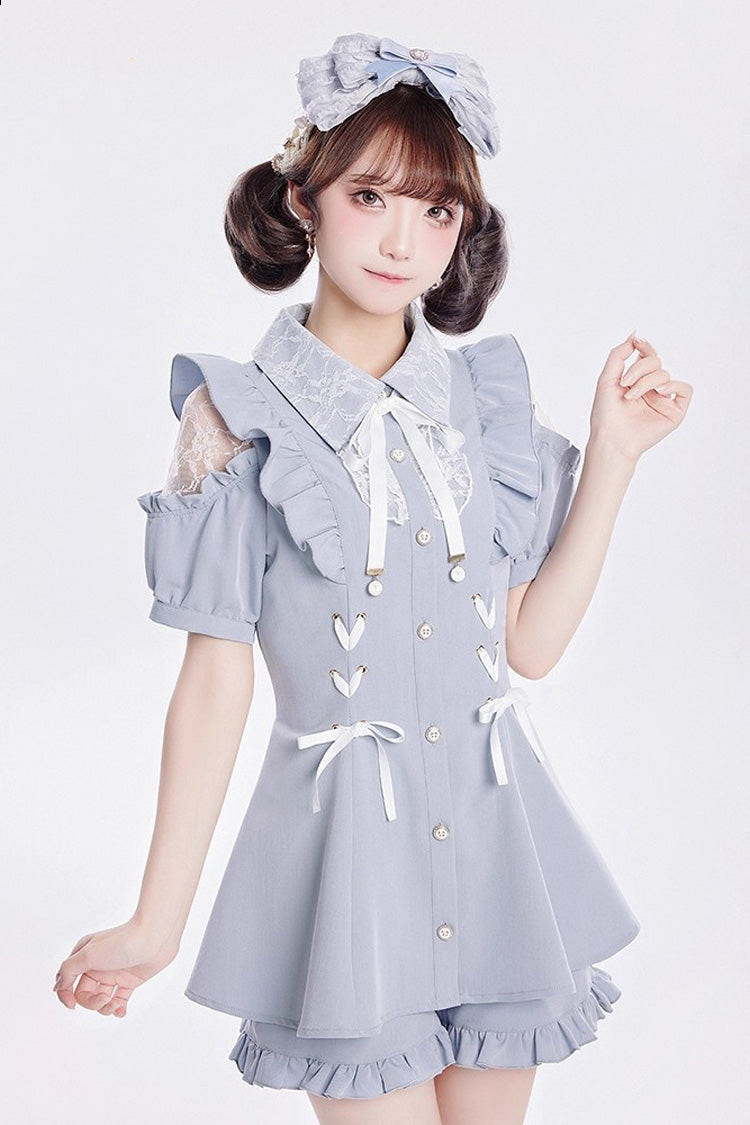 [Alice of Wednesday] Sweet Off Shoulder Short Sleeves Ruffle Bowknot Lace-Up Japanese Jirai Kei Dress Shorts Set 3 Colors - Aqua - 1