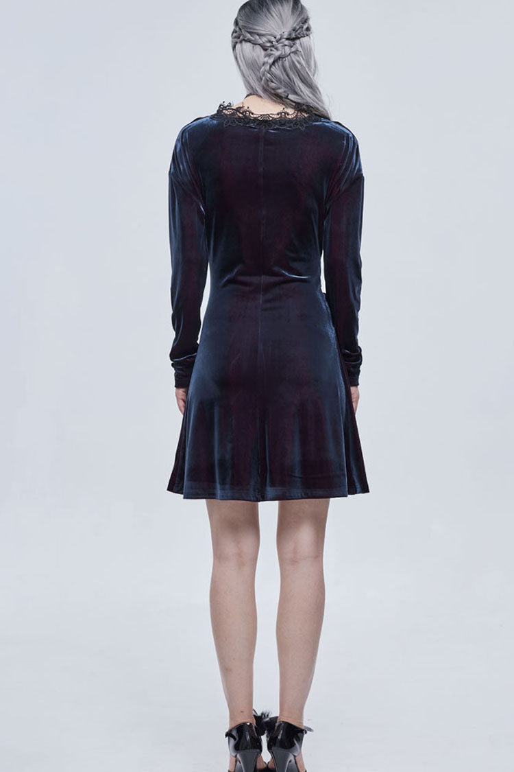 Black/Red Gothic Lace V Neck Bow-Knot Frenulum Velvet Long Sleeve Women's Dress - Product - 9