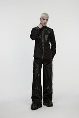 Black Studded Buckled Eyelet Men's Punk Pants - Black - 4