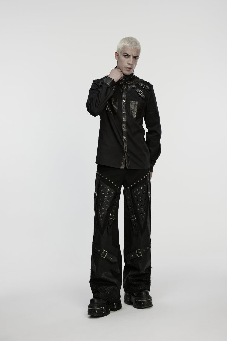 Black Studded Buckled Eyelet Men's Punk Pants - Black - 4