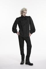 Black Stand Collar Long Lantern Sleeves Jacquard Embroidered  Men's Gothic Palace Shirt with Detachable Tie - Product - 8