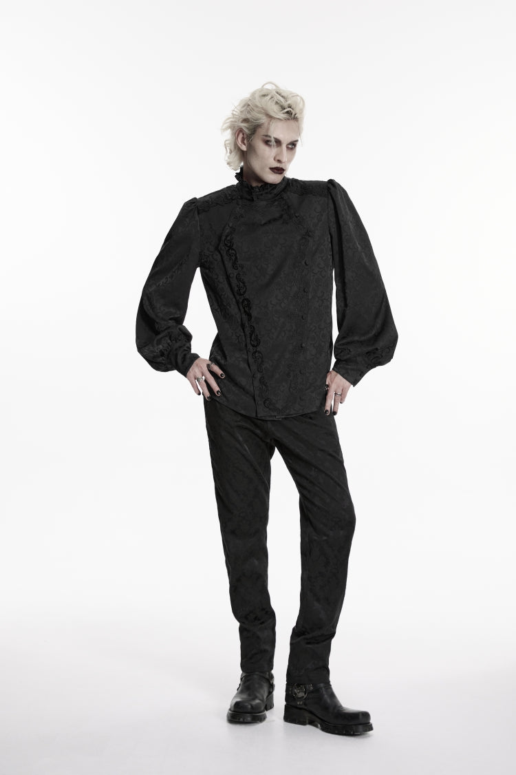 Black Stand Collar Long Lantern Sleeves Jacquard Embroidered  Men's Gothic Palace Shirt with Detachable Tie - Product - 8
