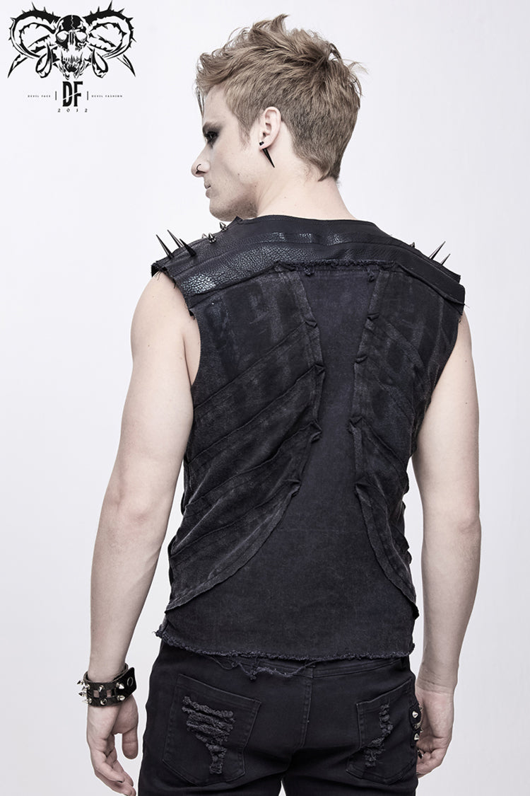 Black Patchwork Unedged Coarse Grain Leather Long Pointed Nails Distressed Men's Punk Vest - Product - 5