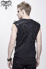 Black Patchwork Unedged Coarse Grain Leather Long Pointed Nails Distressed Men's Punk Vest - Product - 5