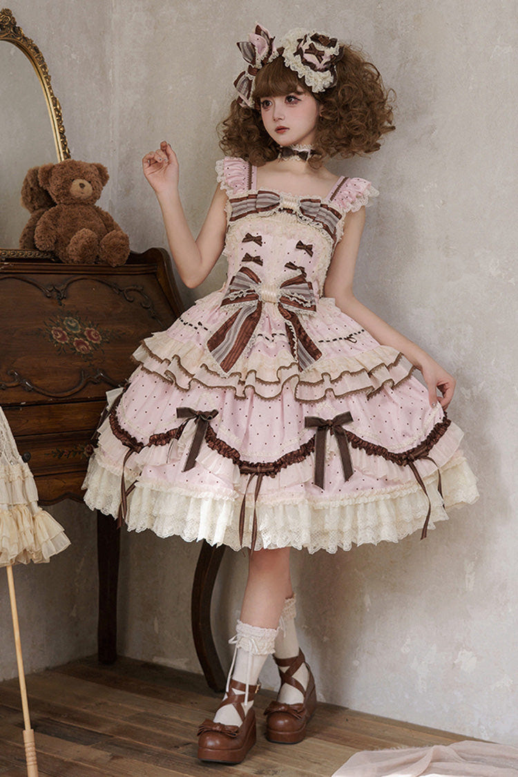 Pink [Shengqiao Tata] Sleeveless Print Ruffle Bowknot Lace-Up Sweet Elegant Lolita Jsk Dress - Product - 8
