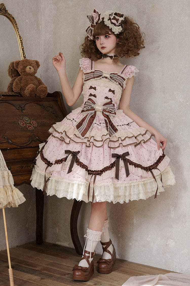 Pink [Shengqiao Tata] Sleeveless Print Ruffle Bowknot Lace-Up Sweet Elegant Lolita Jsk Dress - Product - 8