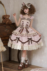 Pink [Shengqiao Tata] Sleeveless Print Ruffle Bowknot Lace-Up Sweet Elegant Lolita Jsk Dress - Product - 8