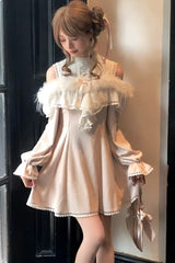 Pink [Little Love Song] Stand Collar Off Shoulder Long Sleeves Lace Sweet Japanese Elegant Lolita Dress - Pink - 1