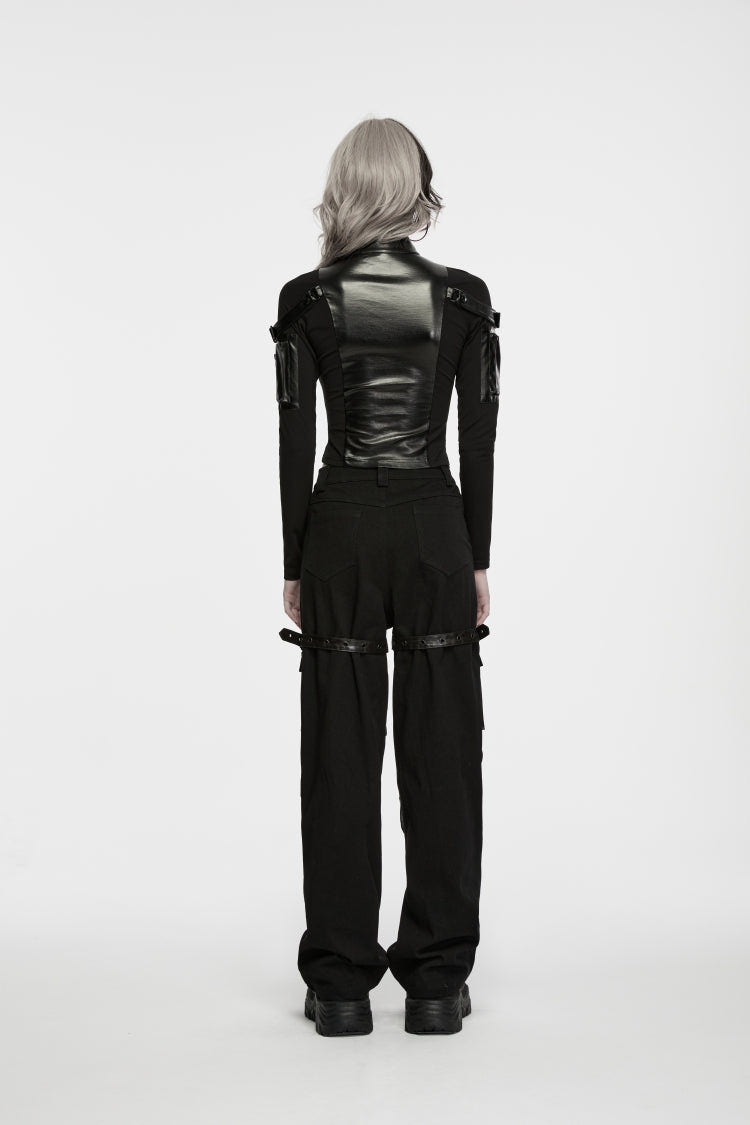 ブラックスタンドカラー長袖パッチワークスリムフィットジッパー付きレディースパンククールクロップトップ付きアームジップポケット 商品画像