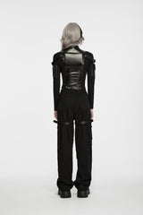 Black Stand Collar Long Sleeves Patchwork Slim Fit Zippered Women's Punk Cool Crop Top with Arm Zip Pocket - Product - 5