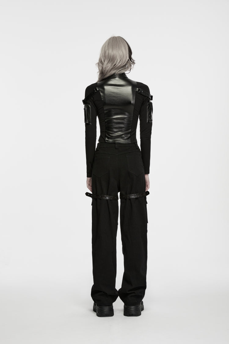 Black Stand Collar Long Sleeves Patchwork Slim Fit Zippered Women's Punk Cool Crop Top with Arm Zip Pocket - Product - 5
