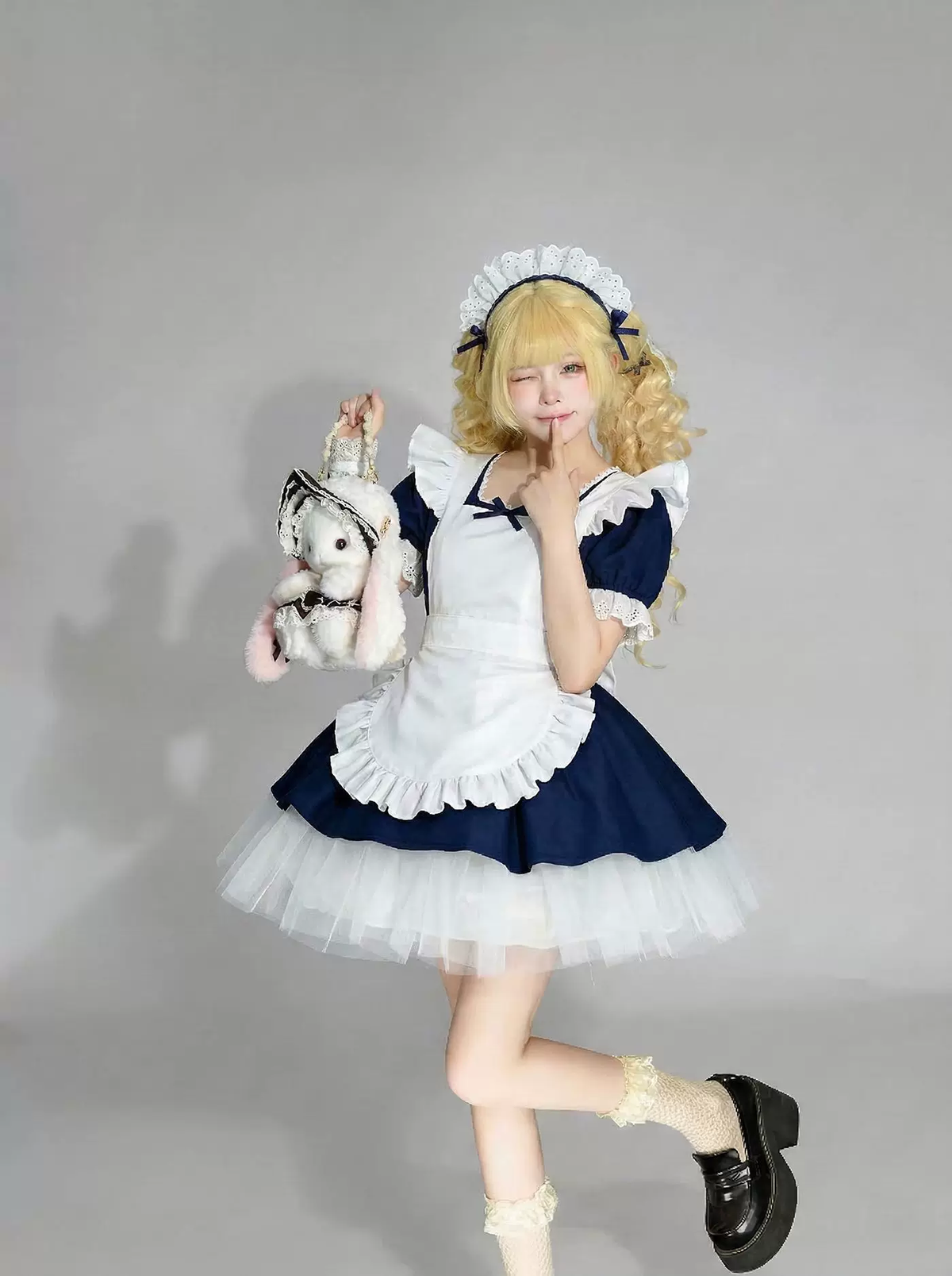Navy Blue and White Lace Maid Lolita Dress Set with Bows - view 4