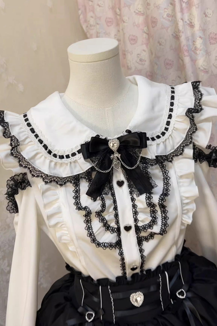 Black/White Doll Collar Long Sleeves Ruffled Bow Sweet Jirai Kei Skirt Set - Product - 7