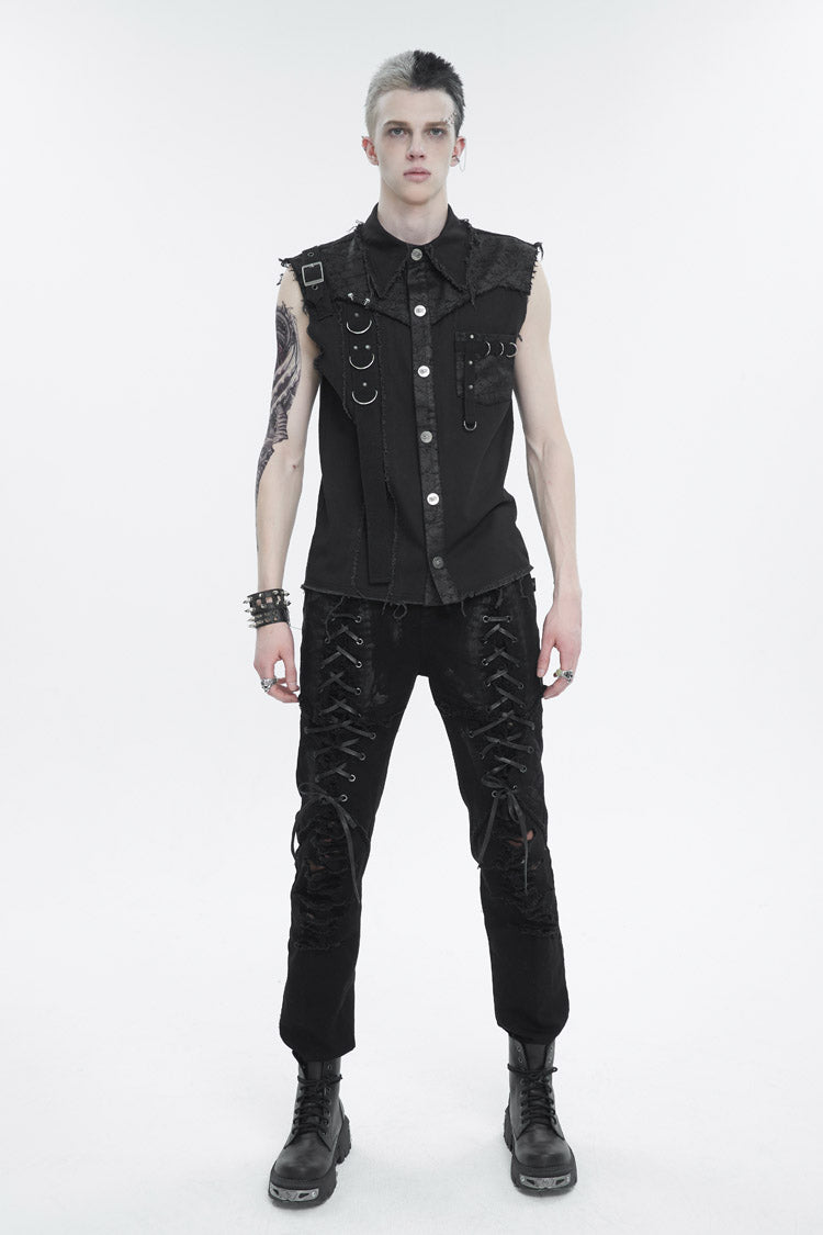 Black Sleeveless Buckle Splice Unedged Men's Punk Vest - Product - 4