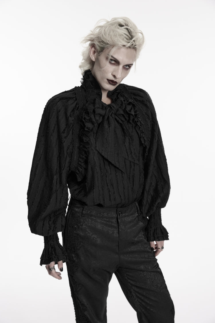 Black Stand Collar Long Lantern Sleeves Bow Lace Pleated Men's Gothic Shirt - Product - 5