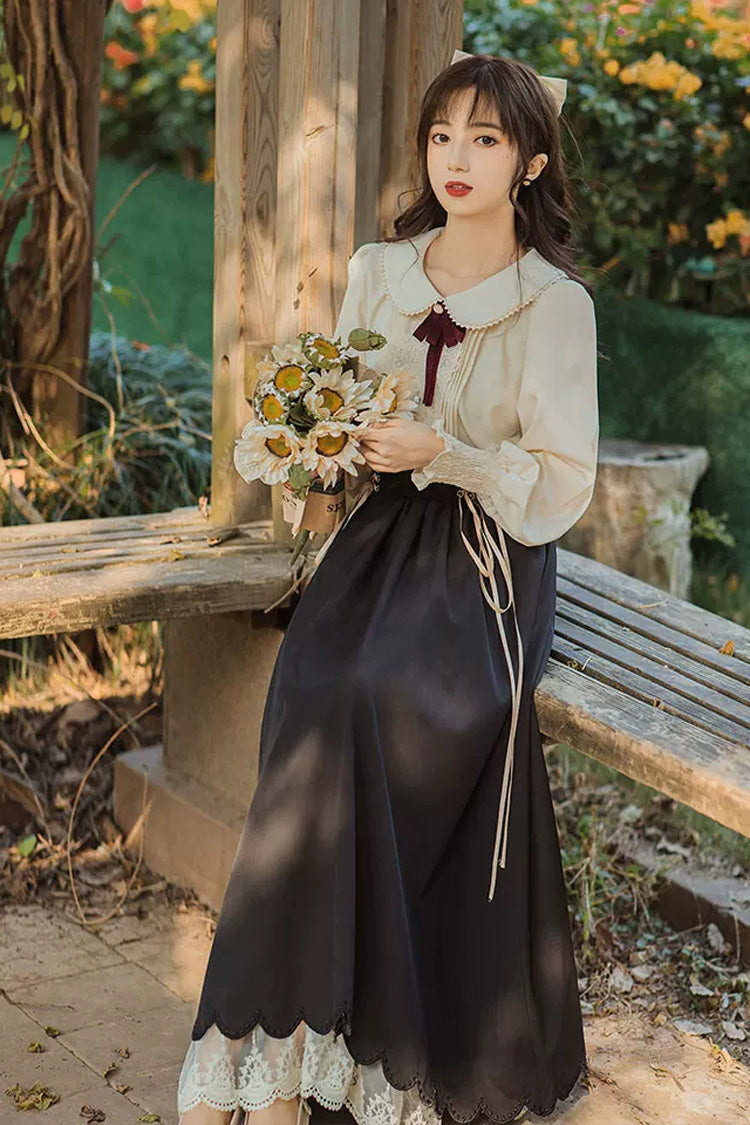 Black Lapel Collar Long Sleeves High Waisted Lace-Up Wave Hem Classic Lolita Two-Piece Skirt Set - Product - 4