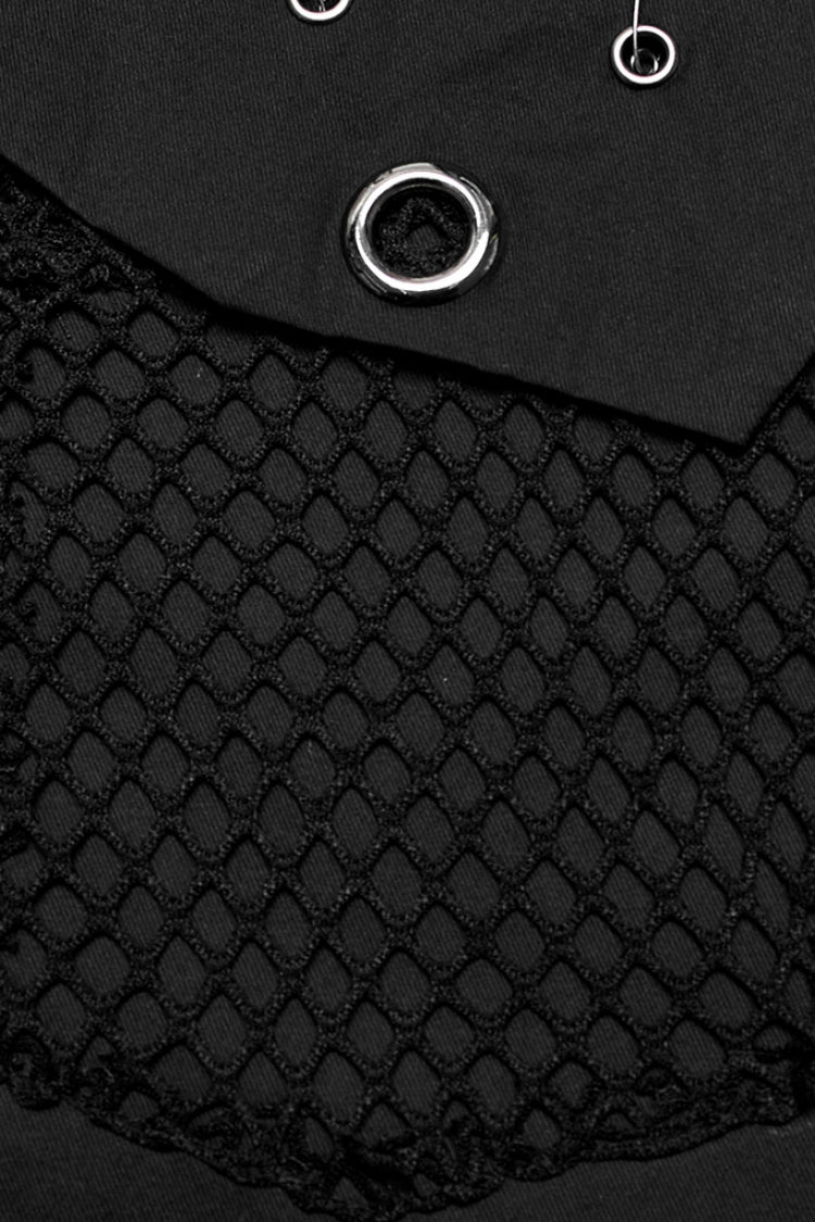 Black Lapel Collar Short Sleeves Mesh Stitching Men's Punk Blouse - Product - 9