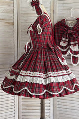 Red [Gingham Petal Bunny] Short Sleeves Printed Ruffled Bow Sweet Lolita OP Dress - Product - 16