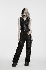 Black Lapel Collar Slim Fit Asymmetric Studded Buckled Zippered Women's Punk Cool Vest - Black - 8
